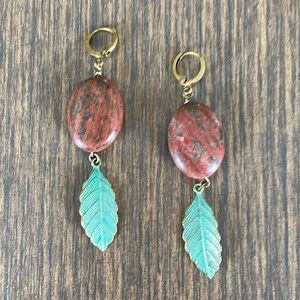 HAND CRAFTED EARRINGS Boho Brown Zoisite Ovals Mint Green Patina Brass Leaves
